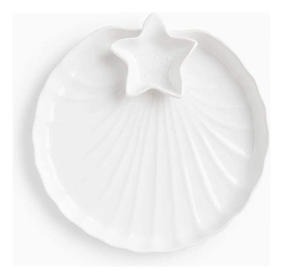 Bandeja Petisqueira Fundo do Mar em Cerâmica Branca 30x30 cm