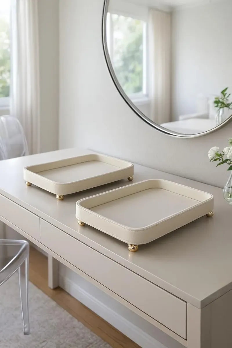 Kit 2 Bandejas Decorativas em Couro Sintético Creme Luxo Organizador Multiuso