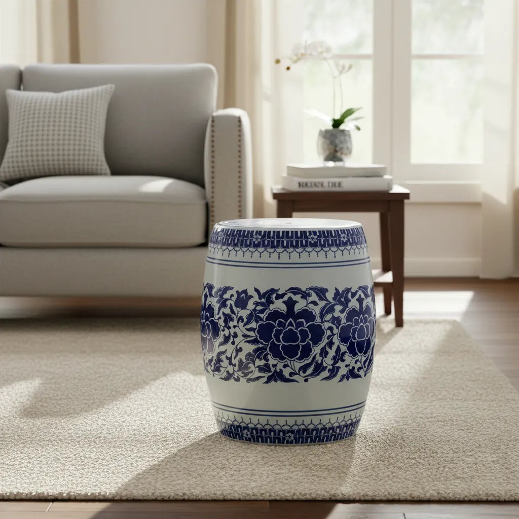 Puff Cerâmico Seat Garden Oriental Azul e Branco – Banqueta Decorativa
