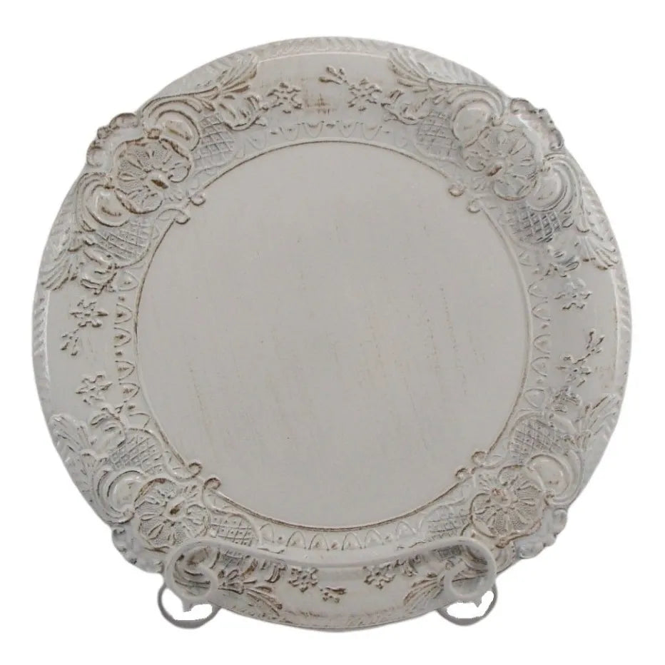 Sousplat de Poliresina Branco Vintage com Relevo – 36 x 36 cm | Pronta Entrega