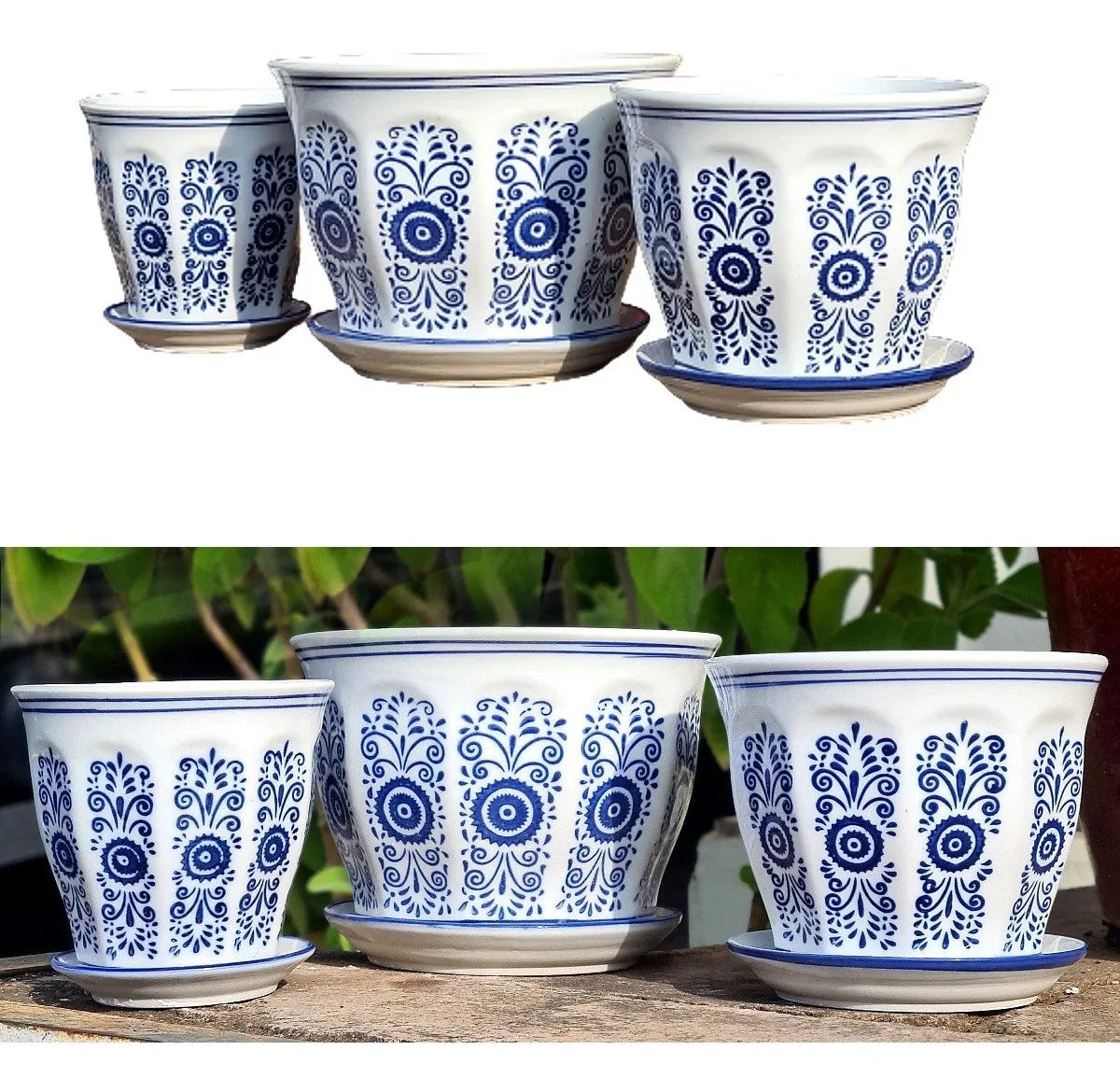 Kit 3 Vasos Cerâmica Conjunto C/ Pires Azul E Branco