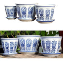 Kit 3 Vasos Cerâmica Conjunto C/ Pires Azul E Branco