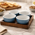 Petisqueira Redonda em Porcelana Azul Celeste com Base de Madeira 4 Divisórias 25cm