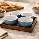 Petisqueira Redonda em Porcelana Azul Celeste com Base de Madeira 4 Divisórias 25cm