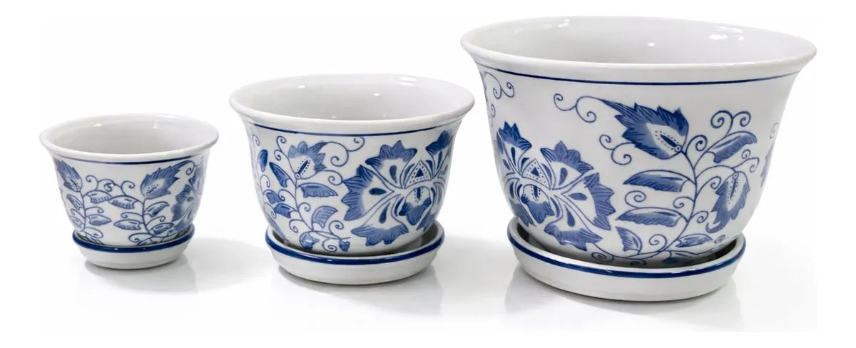 Kit 3 Cachepots Cerâmica Azul & Branco Clássico Imperial