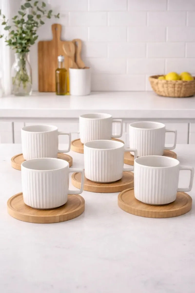 Jogo 6 Xícaras de Porcelana Listrada 150ml com Pires de Bambu Elegante