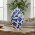 Vaso Decorativo de Porcelana Azul e Branco com Tampa 40x22 cm – Folhas