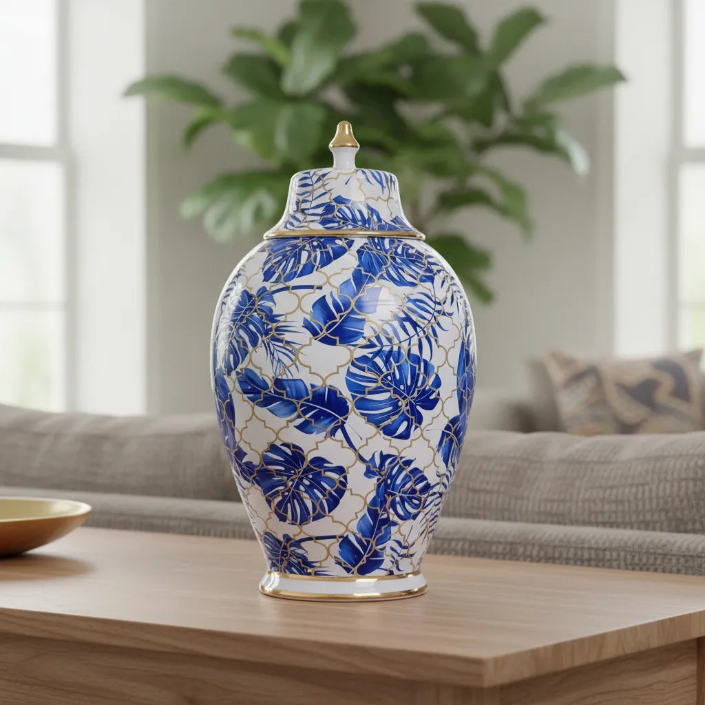 Vaso Decorativo de Porcelana Azul e Branco com Tampa 40x22 cm – Folhas