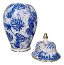 Vaso Decorativo de Porcelana Azul e Branco com Tampa 30x18 cm – Folhas