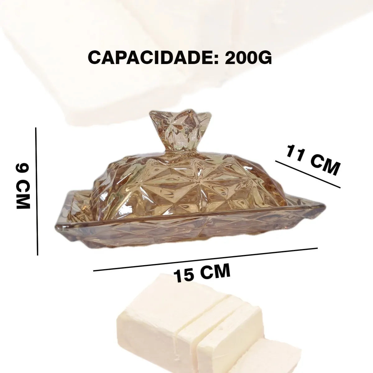 Manteigueira de Vidro Âmbar Lapidado 200g com Tampa – 15x11x9 cm