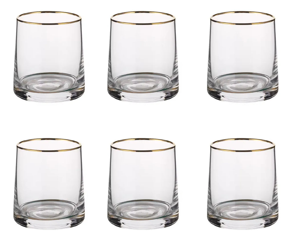 Copo De Whisky Vidro Jogo 6 Peças Borda Dourada 270ml Transparente Borda Dourada
