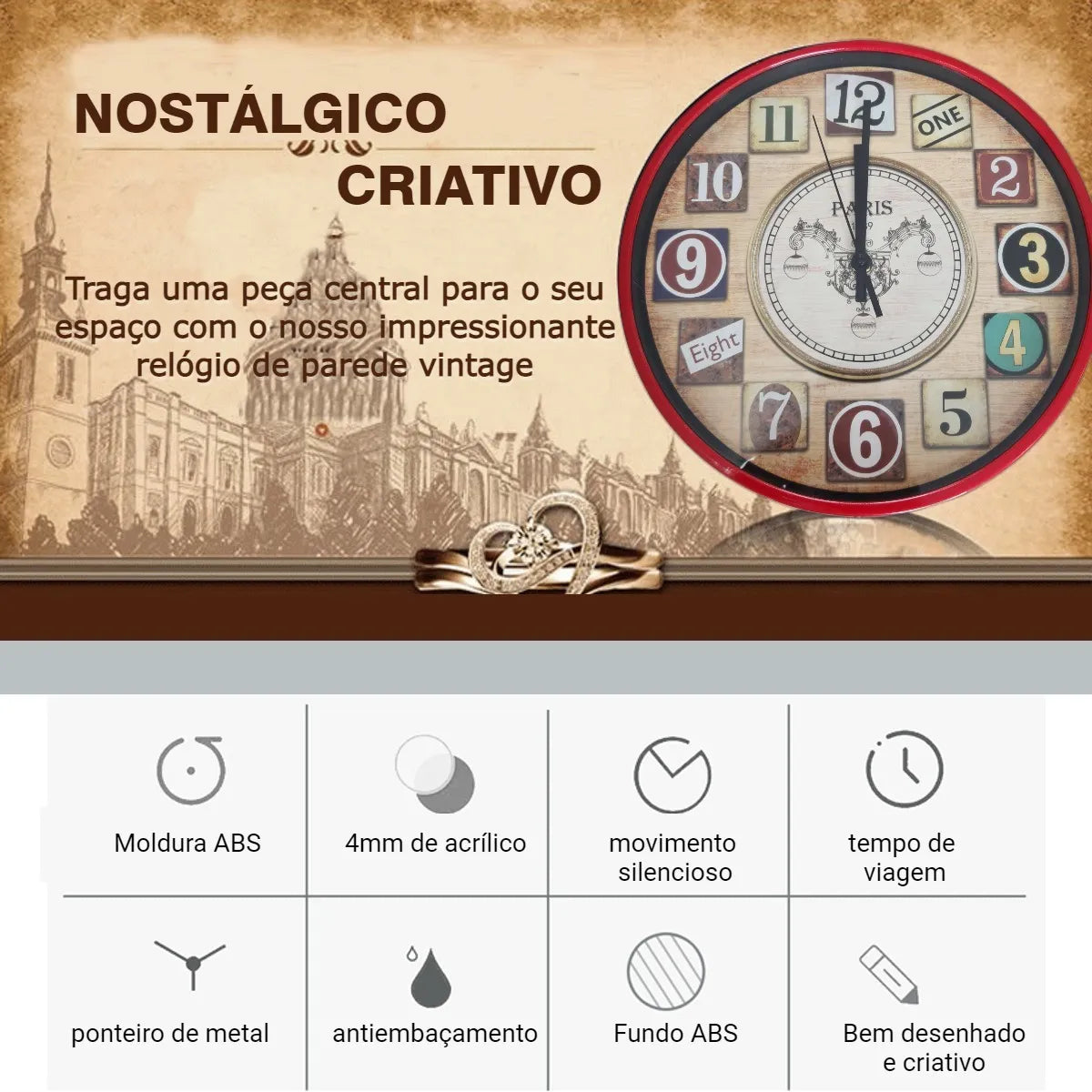 Relógio de Parede Retrô Vintage Nostálgico – 30 cm | Vermelho