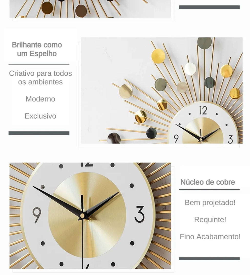 Relógio de Parede 3D Luxuoso em Metal – Design Europeu 70cm Dourado/Branco (Silencioso)