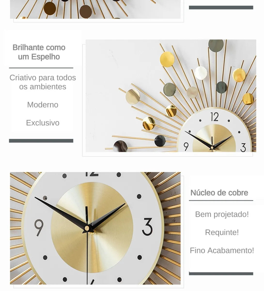 Relógio de Parede 3D Luxuoso em Metal – Design Europeu 70cm Dourado/Branco (Silencioso)