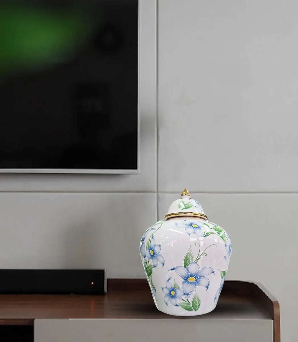 Vaso Decorativo Porcelana Branco e Dourado Floral 30x22