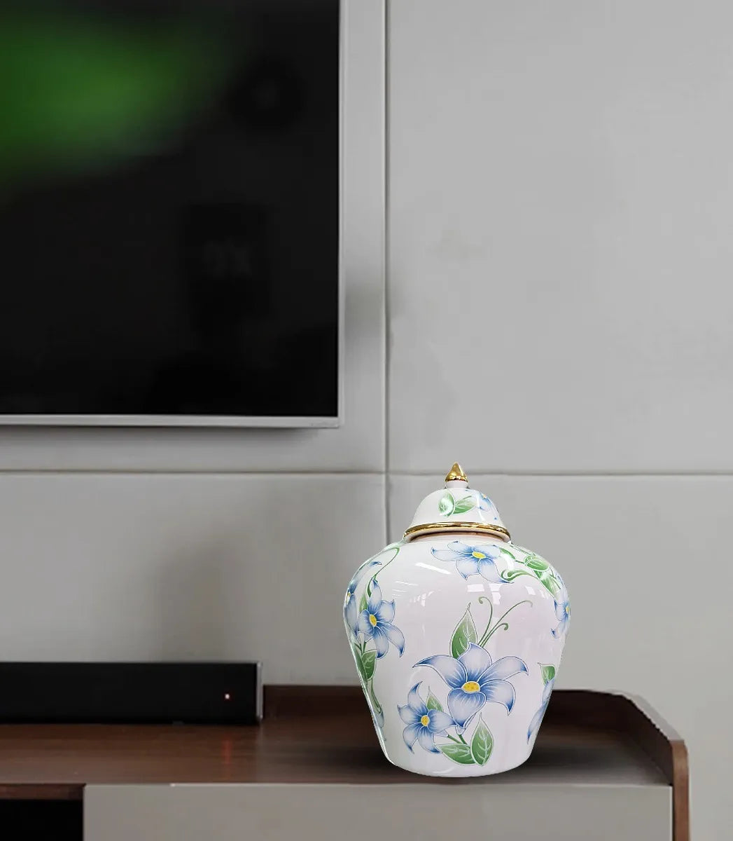 Vaso Decorativo Porcelana Branco e Dourado Floral 30x22