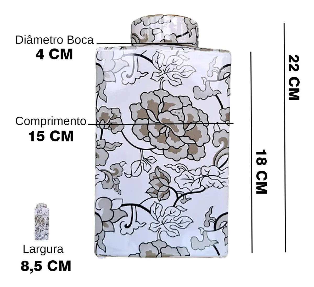 Pote Decorativo em Porcelana Cinza, Branco e Dourado 27x15 cm