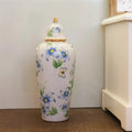 Vaso Decorativo de Porcelana Azul e Branco com Detalhes Verde e Amarelo – 45x17