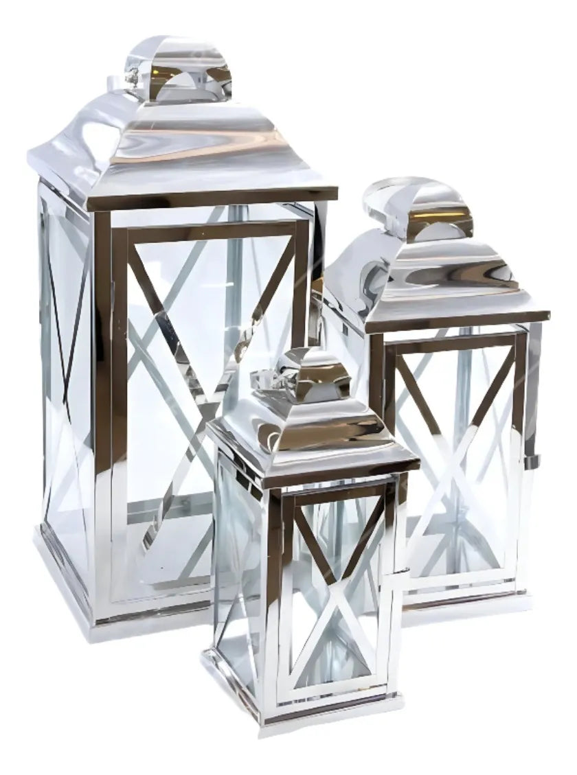 Kit 3 Lanternas Marroquinas Decorativas Prateadas em Aço e Vidro