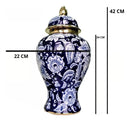 Vaso Decorativo de Porcelana Azul Marinho e Dourado com Tampa – 42x22