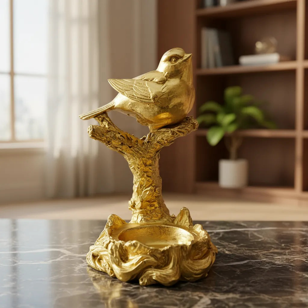 Escultura Decorativa Pássaro Dourado com Castiçal em Poliresina – 16x8 cm