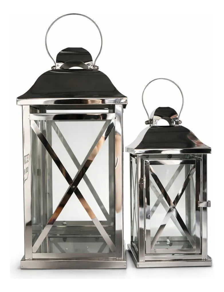 Kit com 2 Lanternas Marroquinas Prata em Inox com Vidro Prateado – Luxo