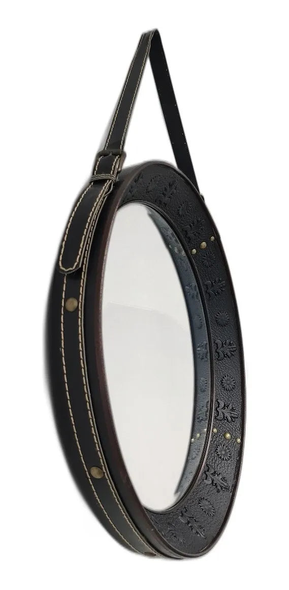 Espelho Decorativo Redondo Estilo Adnet com Alça em Couro Legítimo Preto – 57 cm