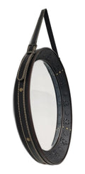 Espelho Decorativo Redondo Estilo Adnet com Alça em Couro Legítimo Preto – 57 cm