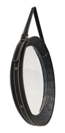 Espelho Decorativo Redondo Estilo Adnet com Alça em Couro Legítimo Preto – 57 cm