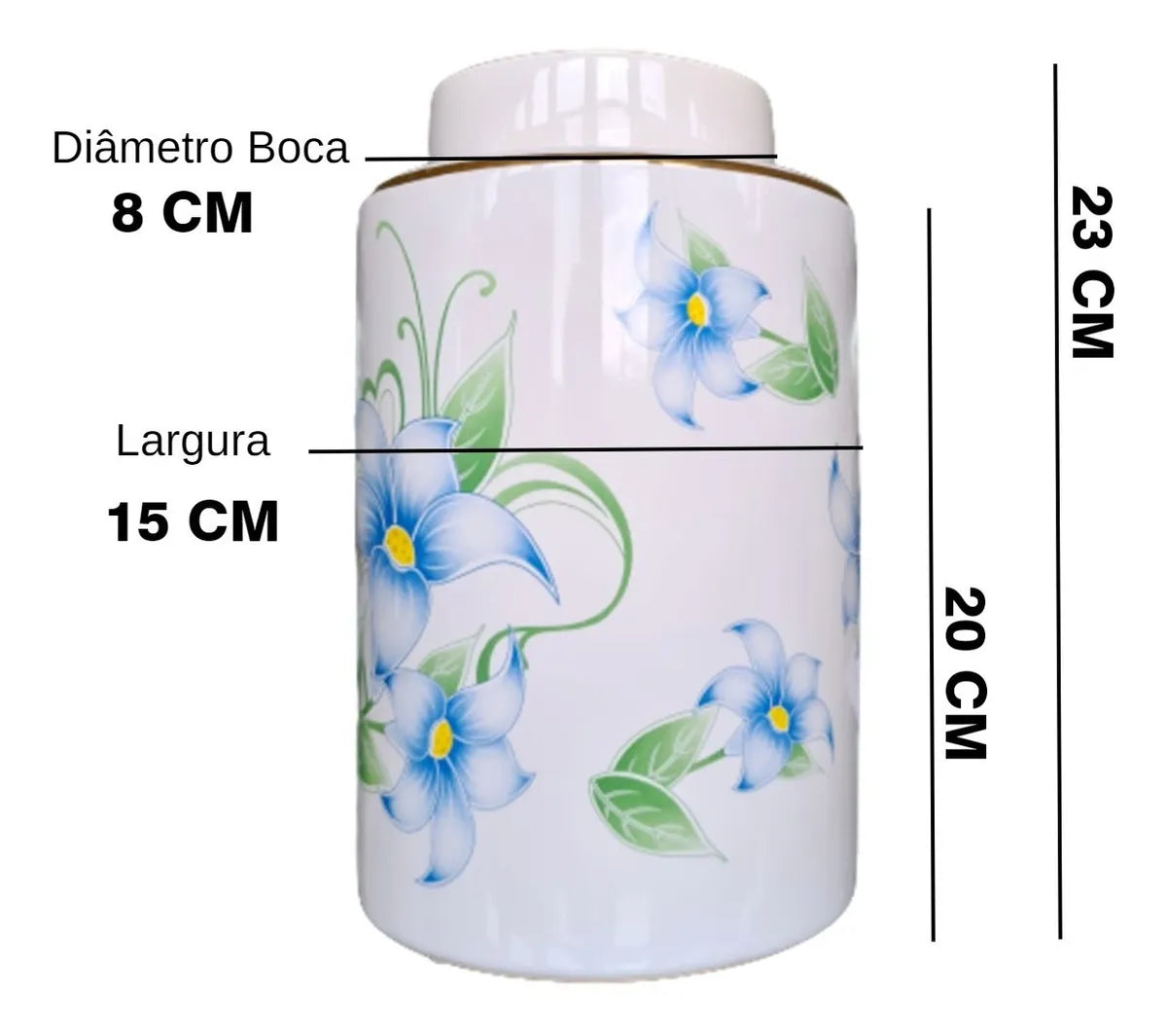 Vaso Decorativo Porcelana Azul e Branca Cilíndrico Floral 23 x 15 cm