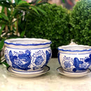Jogo 3 Cachepot Cerâmica Vasos E Pires Azul E Branco