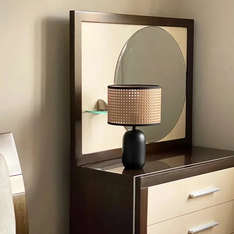 Abajur Luminária Preto Rattan Bambu Luxuoso 43x25 Preto/Bege