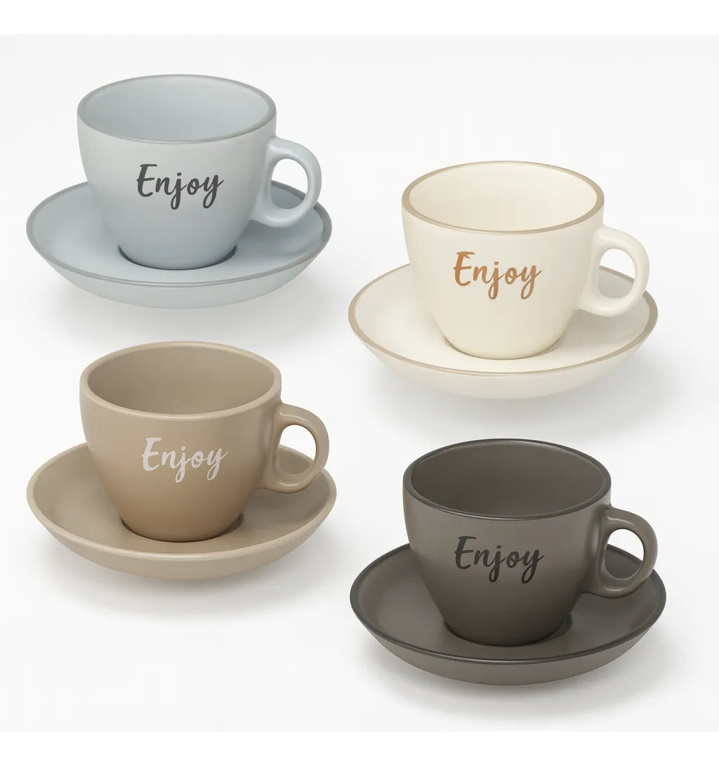 Conjunto 4 Xícaras com Pires em Cerâmica Bege 300ml Elegance