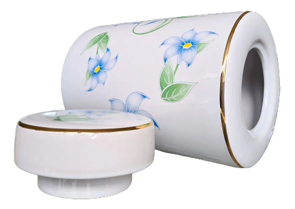 Vaso Decorativo Porcelana Azul e Branca Cilíndrico Floral 23 x 15 cm