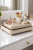 Kit 2 Bandejas Decorativas em Couro Sintético Creme Luxo Organizador Multiuso
