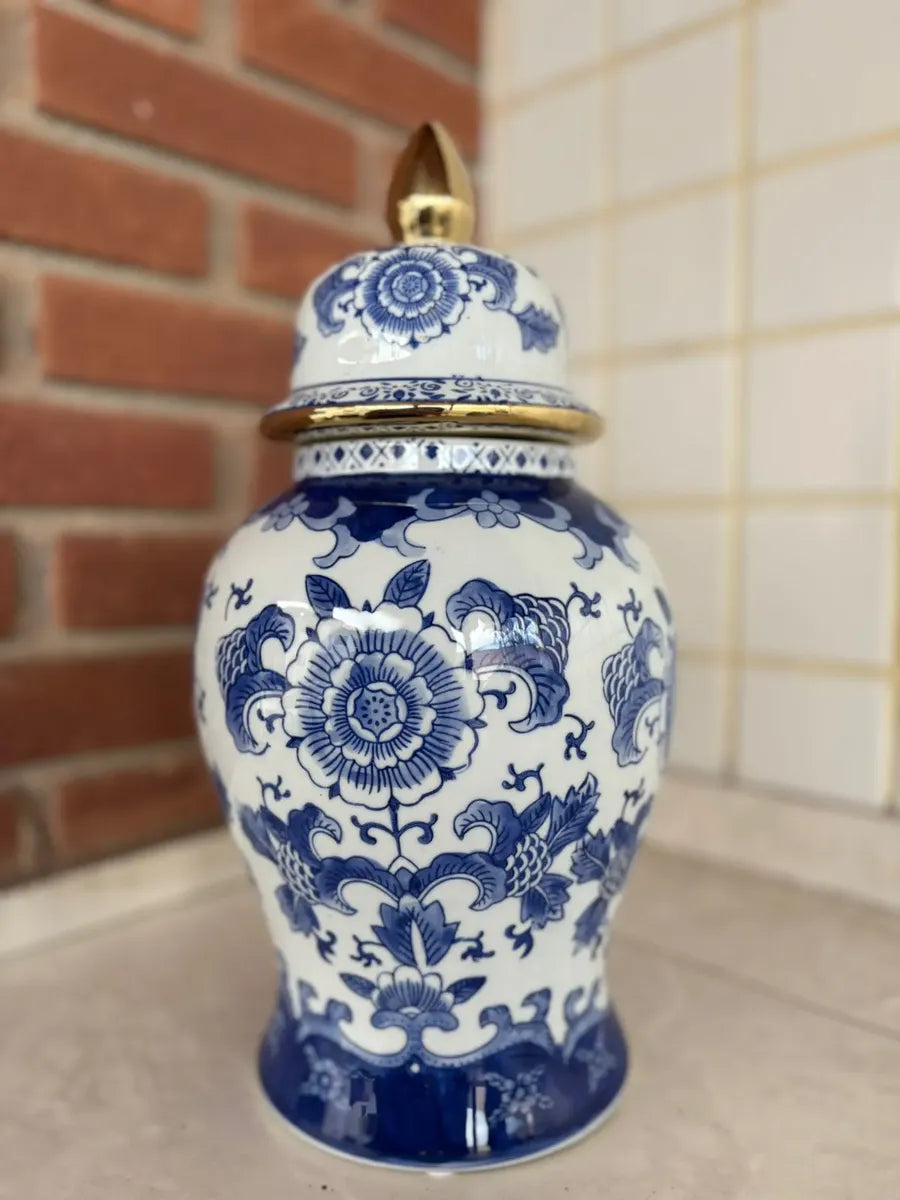 Vaso Decorativo Porcelana Azul E Branco Luxo Clássico 40x19