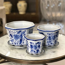 Jogo 3 Cachepot Cerâmica Vasos E Pires Azul E Branco