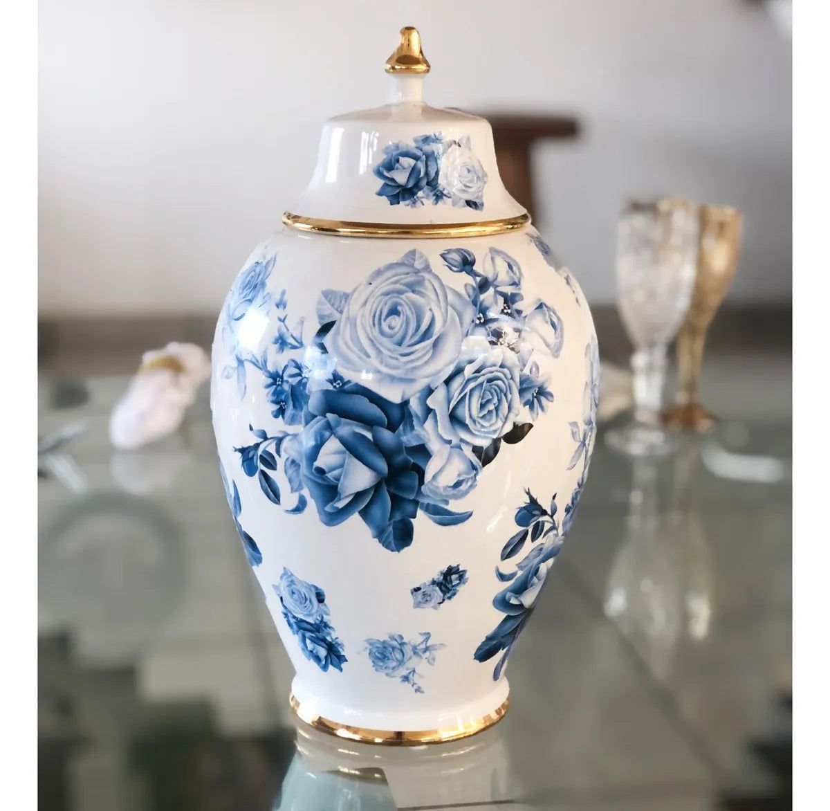 Vaso Decorativo Porcelana Azul e Branca com Tampa 33x18