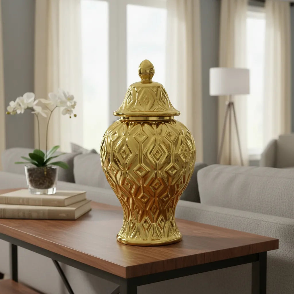 Vaso Decorativo Dourado Porcelana Luxo 35x15 Dourado-escuro
