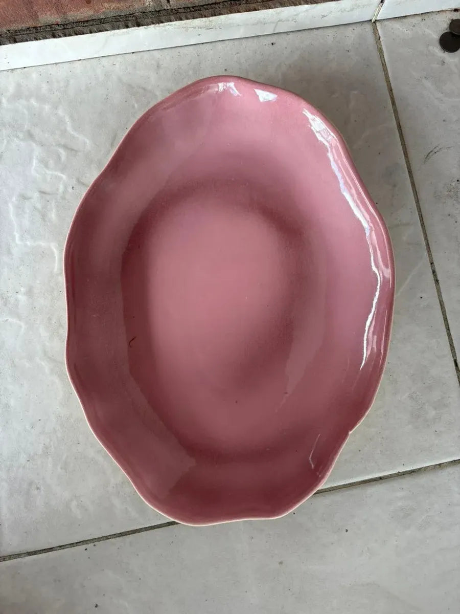 Bandeja Fruteira Centro de Mesa 44 cm em Cerâmica Rosa Luxo