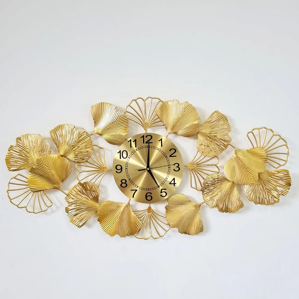 Relógio de Parede 3D em Metal com Folhas – Design Europeu 90x46 Dourado (Silencioso)