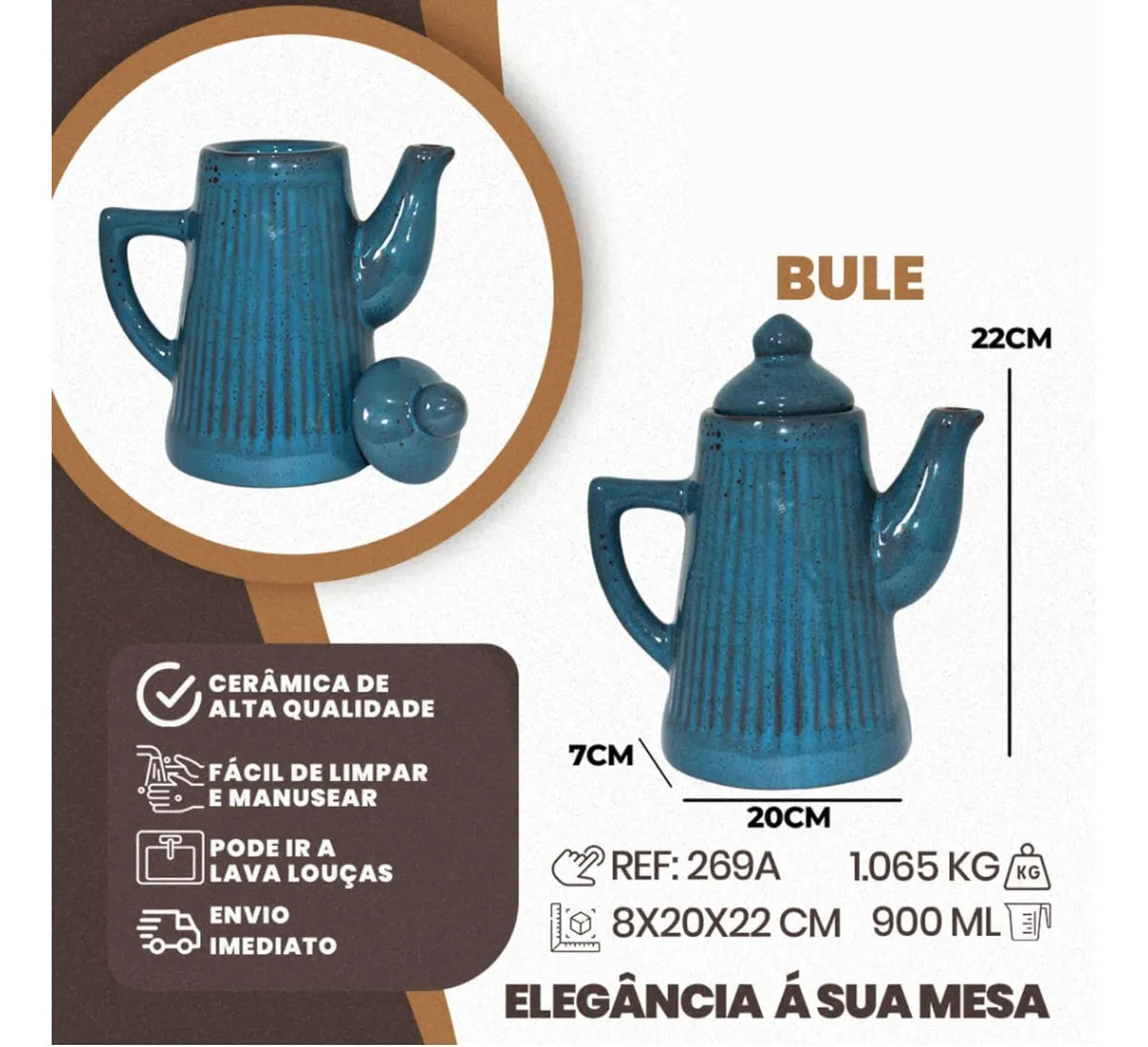 Bule de Café e Chá em Cerâmica Frisada 900ml – Azul Acqua Marine