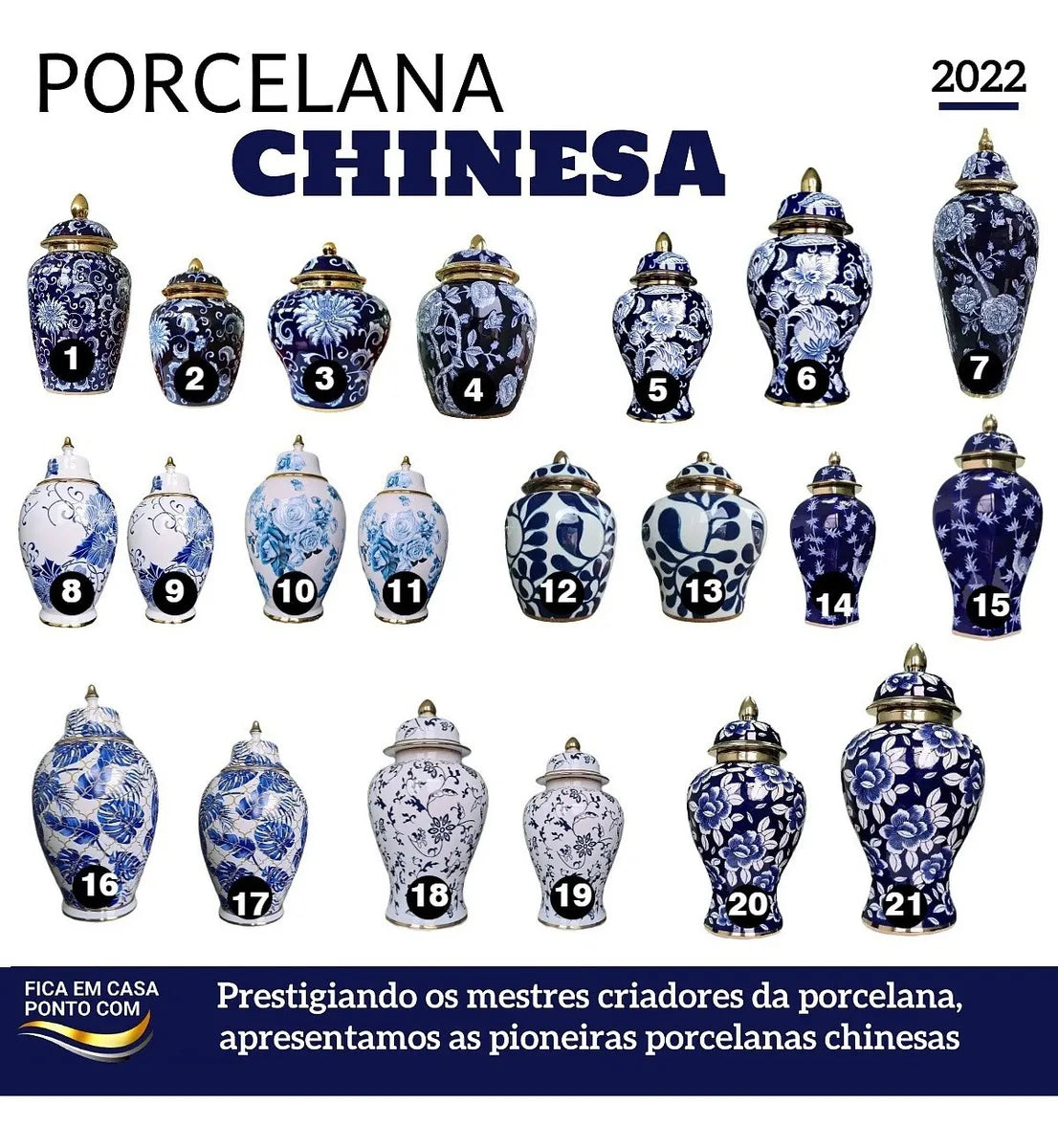 Vaso Elegance Porcelana Branco, Azul e Dourado 30x20