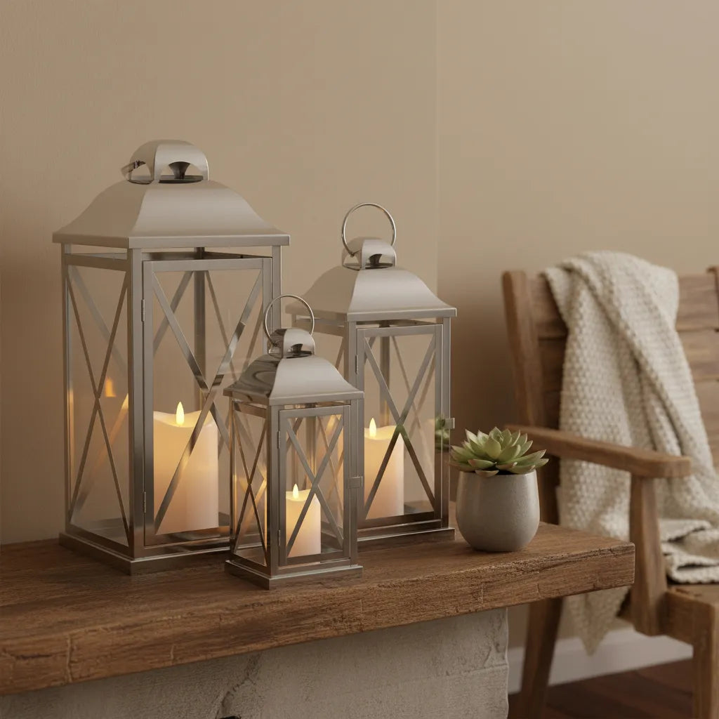 Kit 3 Lanternas Marroquinas Decorativas Prateadas em Aço e Vidro