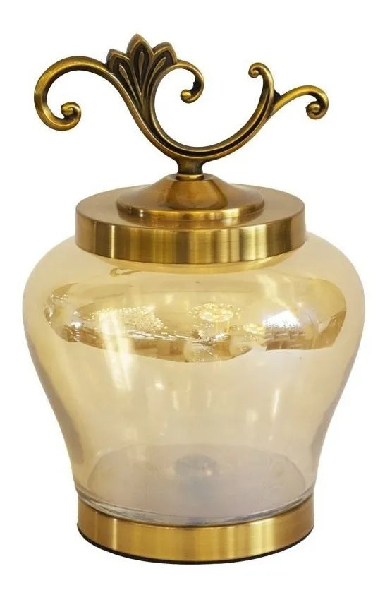 Vaso Decorativo em Vidro Dourado com Tampa e Base em Metal – 35 x 25 cm | Estilo Imperial