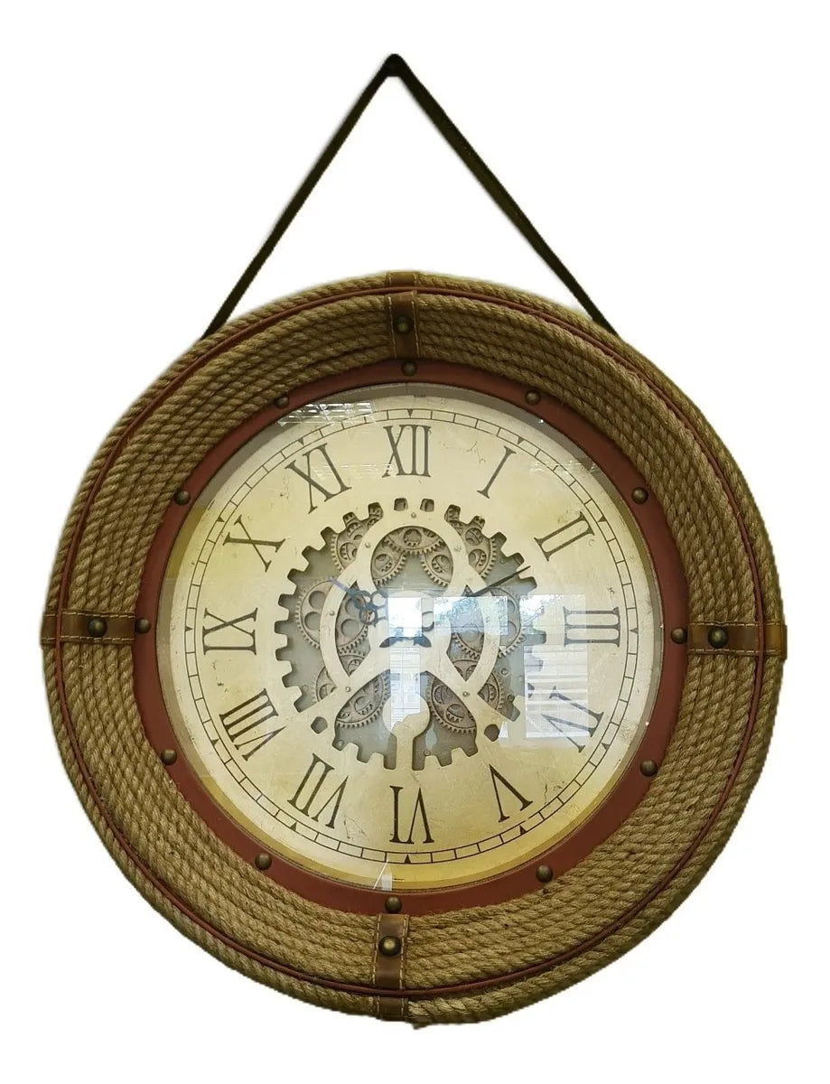 Relógio de Parede Vintage 65cm com Alça em Couro – Marrom e Bege