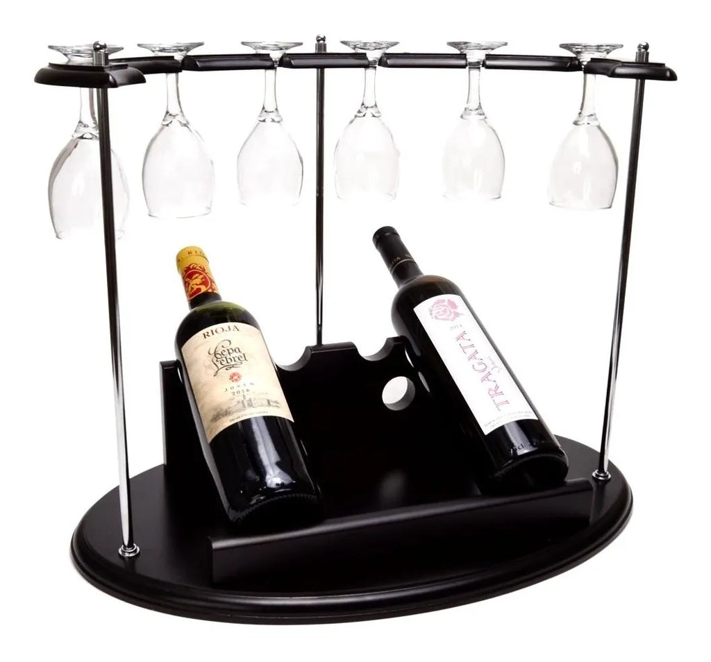 Adega de Vinho Rack em Madeira com Suporte para 6 Taças e 2 Garrafas