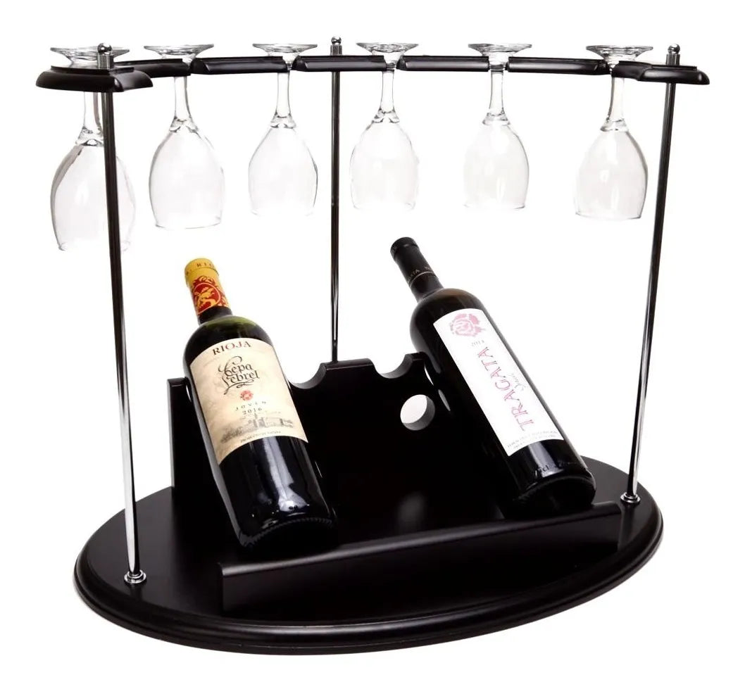 Adega de Vinho Rack em Madeira com Suporte para 6 Taças e 2 Garrafas