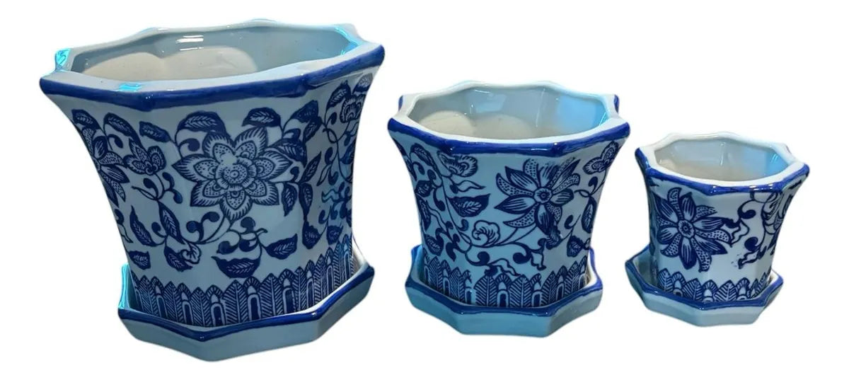 Kit Cachepot Floral Azul e Branco em Cerâmica – 3 Peças com Pires