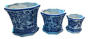 Kit Cachepot Floral Azul e Branco em Cerâmica – 3 Peças com Pires